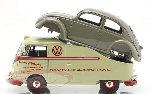 Volkswagen T1A Bus met Bril Kever Body "Midlands Centre" Beige / Rood / Grijs 1:18 Schuco Pro R Limited 500 Pieces