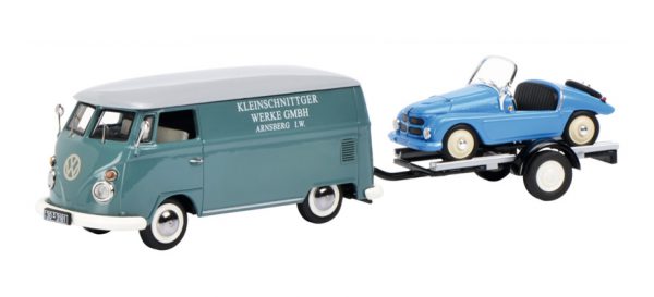 Volkswagen T1 Kleinschnittger met aanhangwagen 1-43 Blauw Schuco Limited 750 pcs.