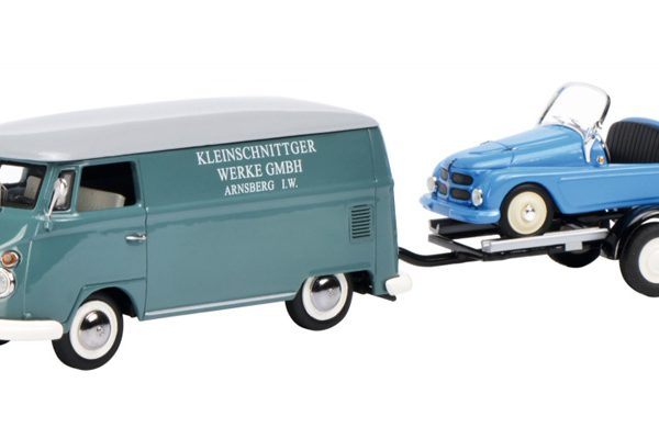 Volkswagen T1 Kleinschnittger met aanhangwagen 1-43 Blauw Schuco Limited 750 pcs.