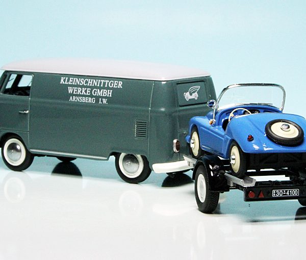 Volkswagen T1 Kleinschnittger met aanhangwagen 1-43 Blauw Schuco Limited 750 pcs.