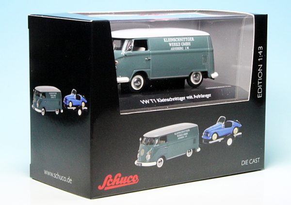 Volkswagen T1 Kleinschnittger met aanhangwagen 1-43 Blauw Schuco Limited 750 pcs.