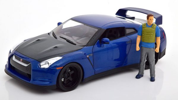 Nissan GT-R (R35) "Fast & Furious" Brian ( Inkl. Figuur ) met Led Verlichting Blauw Metallic 1-18 Jada Toys