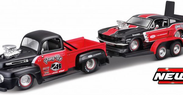 Ford 1 Pick Up 1948 + Ford Mustang 1967 - "Pony Up" ( 2 Car Set Plus Trailer ) Zwart / Rood 1-24 Maisto