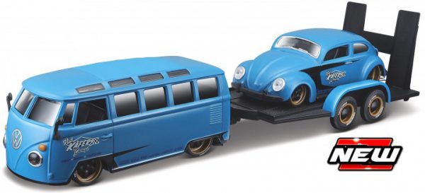 Volkswagen T1 Van 'Samba' + Volkswagen Kever - ( 2 Car Set Plus Trailer ) Blauw 1-24 Maisto Design