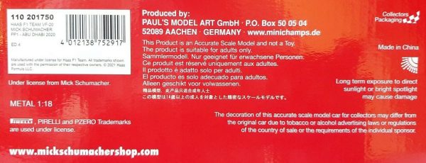 Haas F1 Team VF-20 #50 Mick Schumacher FP1 Abu Dhabi 2020 1:18 Minichamps Limited 696 Pieces