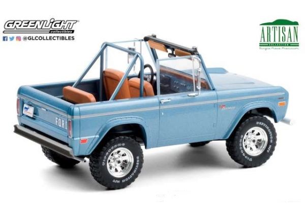 Ford Bronco Sport 1969 Brittany Blue with Sunraysia Wheels, Tow Mirrors, Custom Roll Bar and Tube Front Bumper 1-18 Greenlight Collection