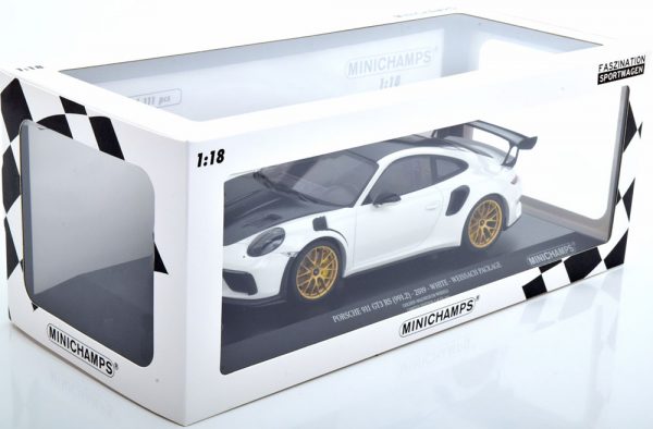 Porsche 911 (991/2) GT3 RS 2019 "Weissach Package" Wit met gouden velgen 1-18 Minichamps Limited 111 Pieces