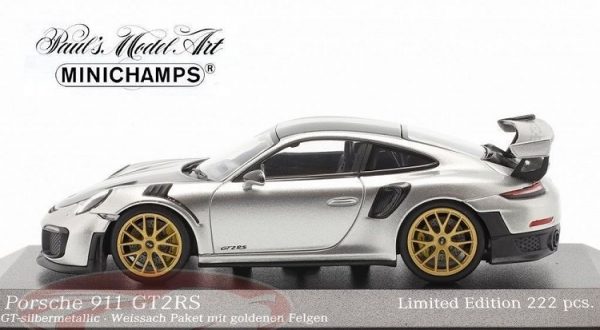 Porsche 911 (991 II) GT2 RS "Weissach Package" 2018 GT Zilver Metallic / Gouden Velgen 1-43 Minichamps Limited 222 Pieces