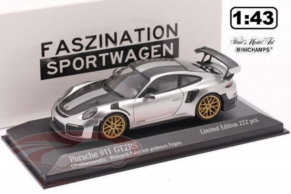 Porsche 911 (991 II) GT2 RS "Weissach Package" 2018 GT Zilver Metallic / Gouden Velgen 1-43 Minichamps Limited 222 Pieces