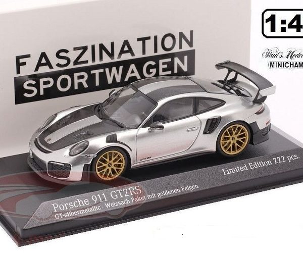 Porsche 911 (991 II) GT2 RS "Weissach Package" 2018 GT Zilver Metallic / Gouden Velgen 1-43 Minichamps Limited 222 Pieces