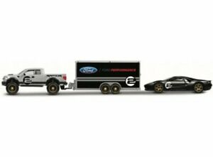Ford Raptor Pickup Truck 2010 Silver & Ford GT 2017 #2 Heritage Ed. Black & Enclosed Car Trailer Black "Ford Performance" 1/64 Diecast Models Maisto