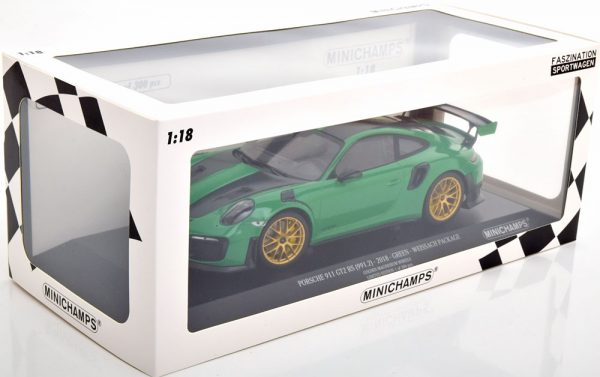 Porsche 911 (991/2) GT2 RS 2018 "Weissach Package" ( met gouden velgen ) Groen / Zwart 1-18 Minichamps Limited 300 Pieces