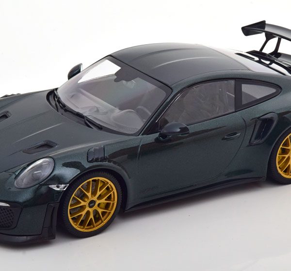 Porsche 911 (991/2) GT2 RS 2018 "Weissach Package" Donkergroen Metallic / Zwart ( met gouden velgen ) 1-18 Minichamps Limited 300 Pieces