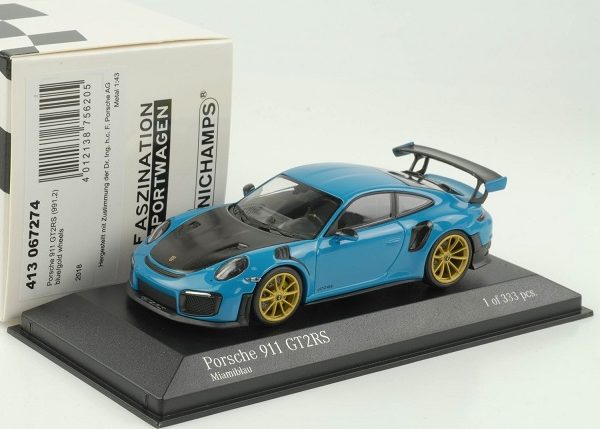 Porsche 911 GT2 RS 2018 (991.2) Miami Blue - Rims Gold 1:43 Minichamps Limited 333 Pieces