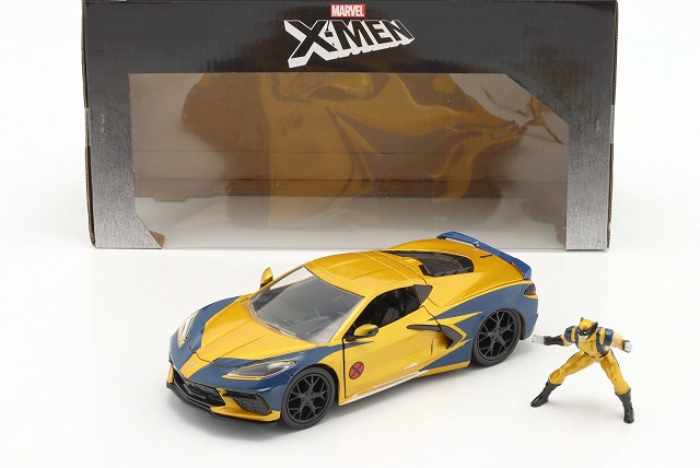Chevrolet Corvette Stingray 2020 "X-Men Marvel Comics Wolverine Figure" Geel/ Blauw 1-24 Jada Toys