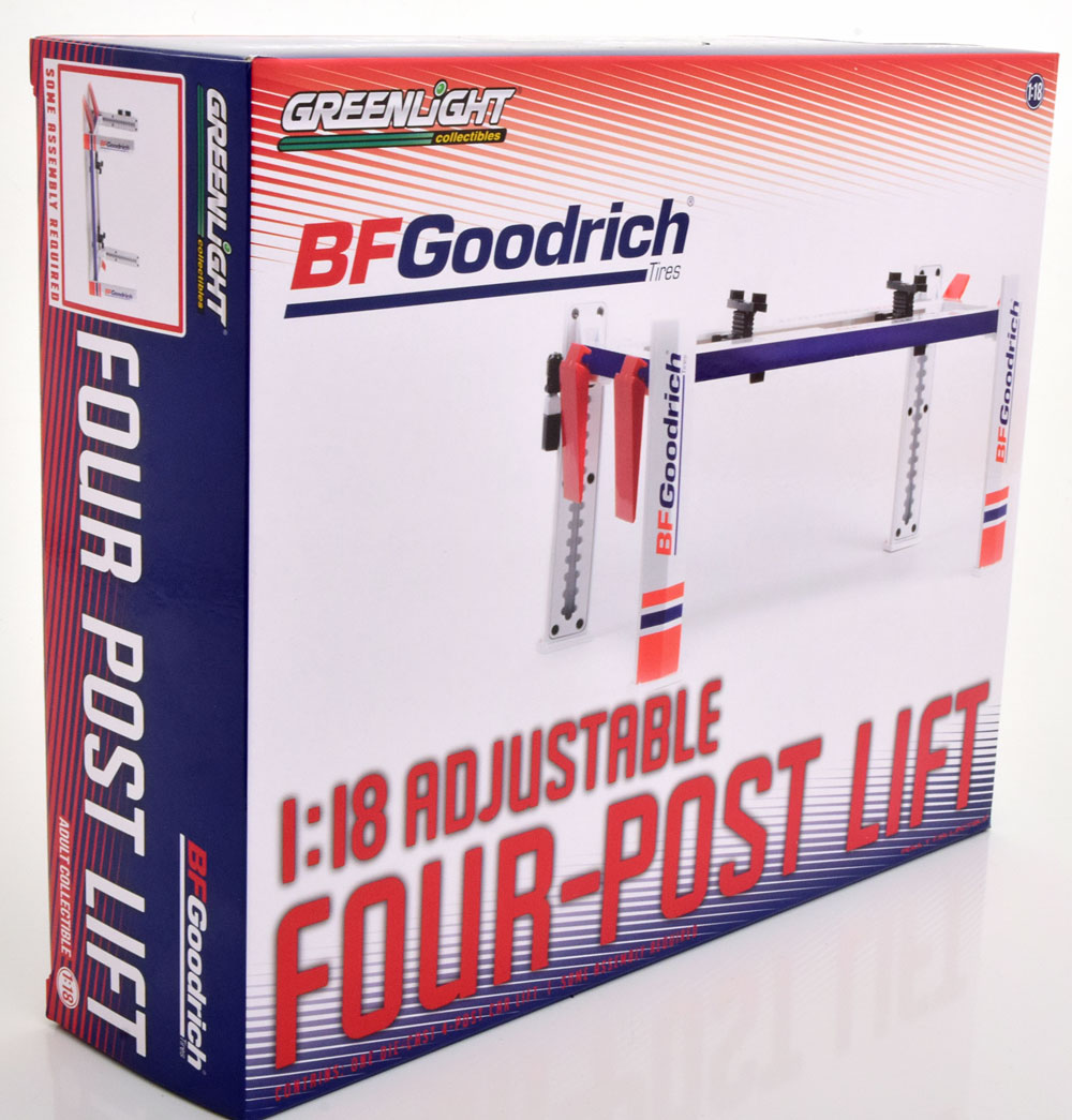 Adjustable Four-Post Lift BF Goodrich Wit / Rood / Blauw 1-18 Greenlight Collectibles