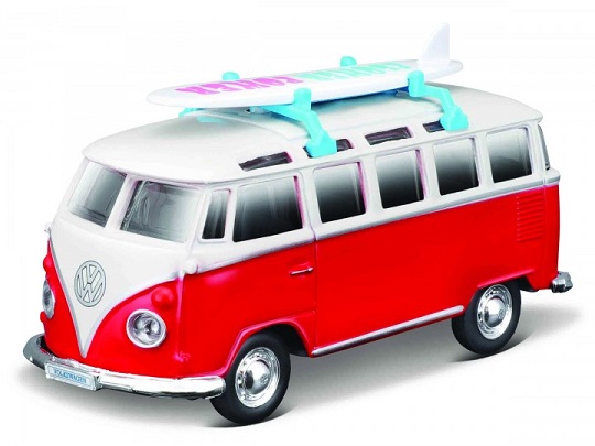 Volkswagen T1 Samba Bus With Surfing Board Rood / Wit 1-43 Maisto