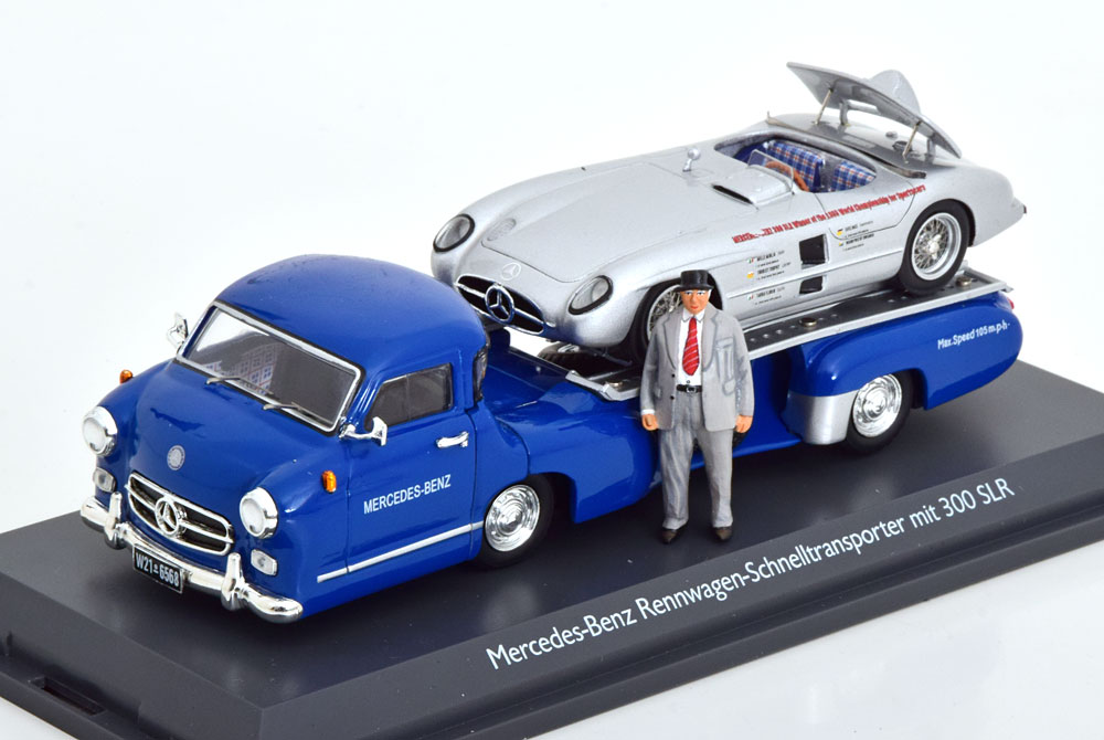 Mercedes-Benz Renntransporter Set (Blue Wunder met 300 SLR en Figuur A. Neubauer) 1-43 Schuco