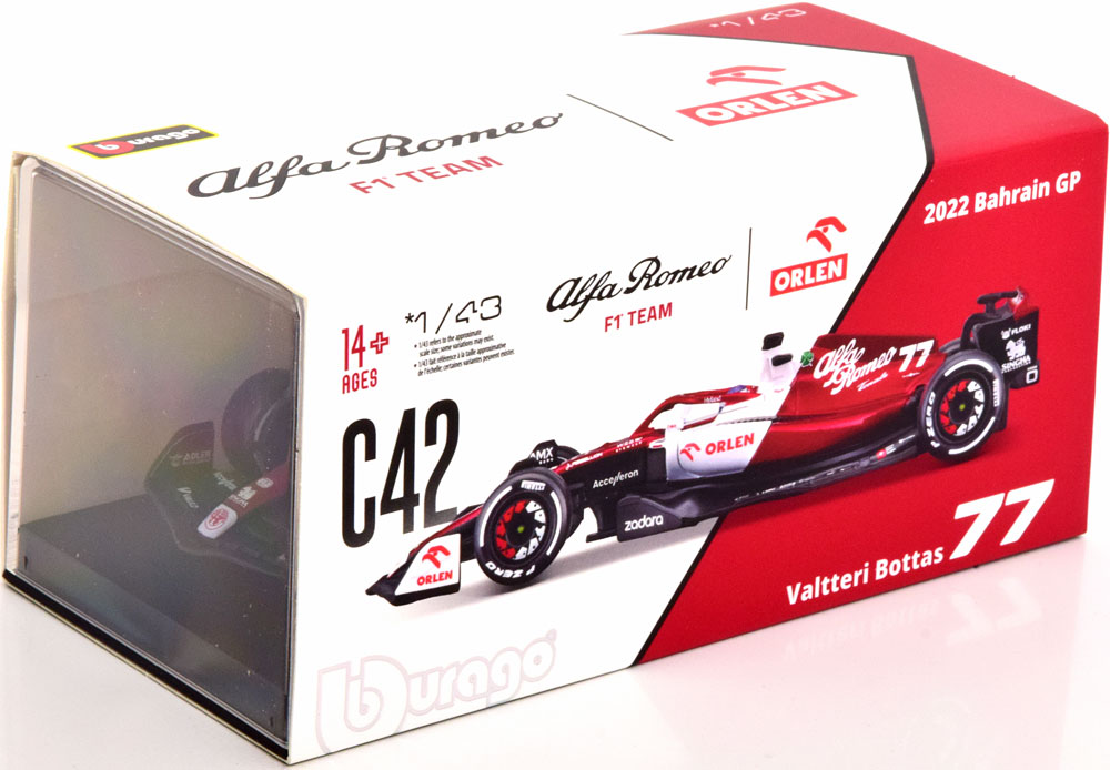 Alfa Romeo C42 #77 GP Bahrain 2022 V.Bottas (Inkl.Vitrine) 1-43 Burago Racing Series