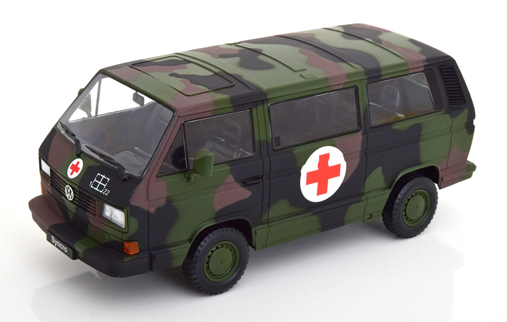 Volkswagen T3 Syncro Bus 1987 "Army Ambulance" Camouflage 1-18 KK-Scale (Metaal)