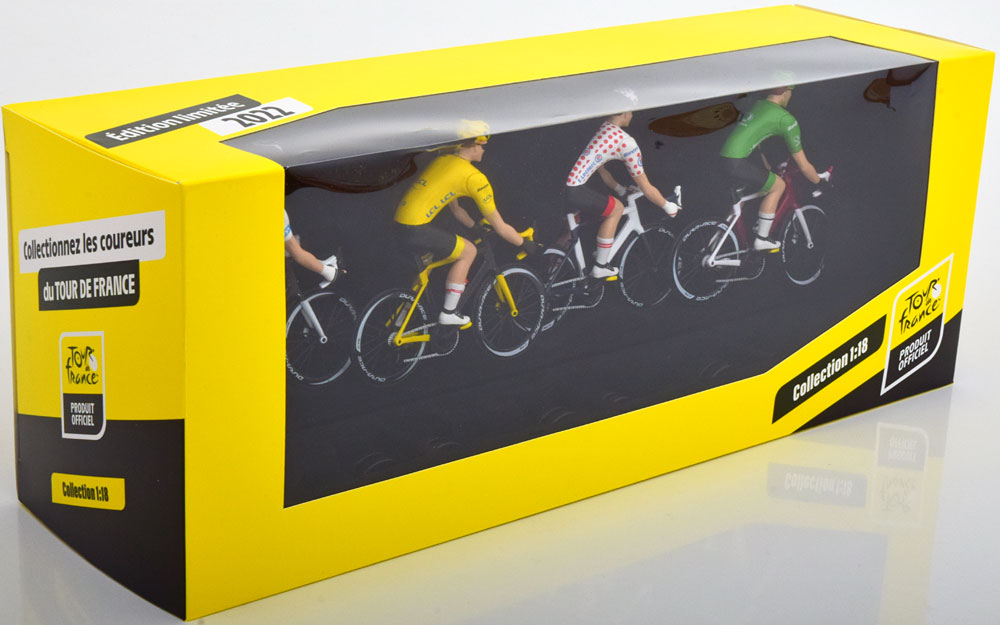 Tour de France Collection 2022 ( Fietsen en Figuren set ) gele, groene, witte en bolletjestrui 1-18 Solido